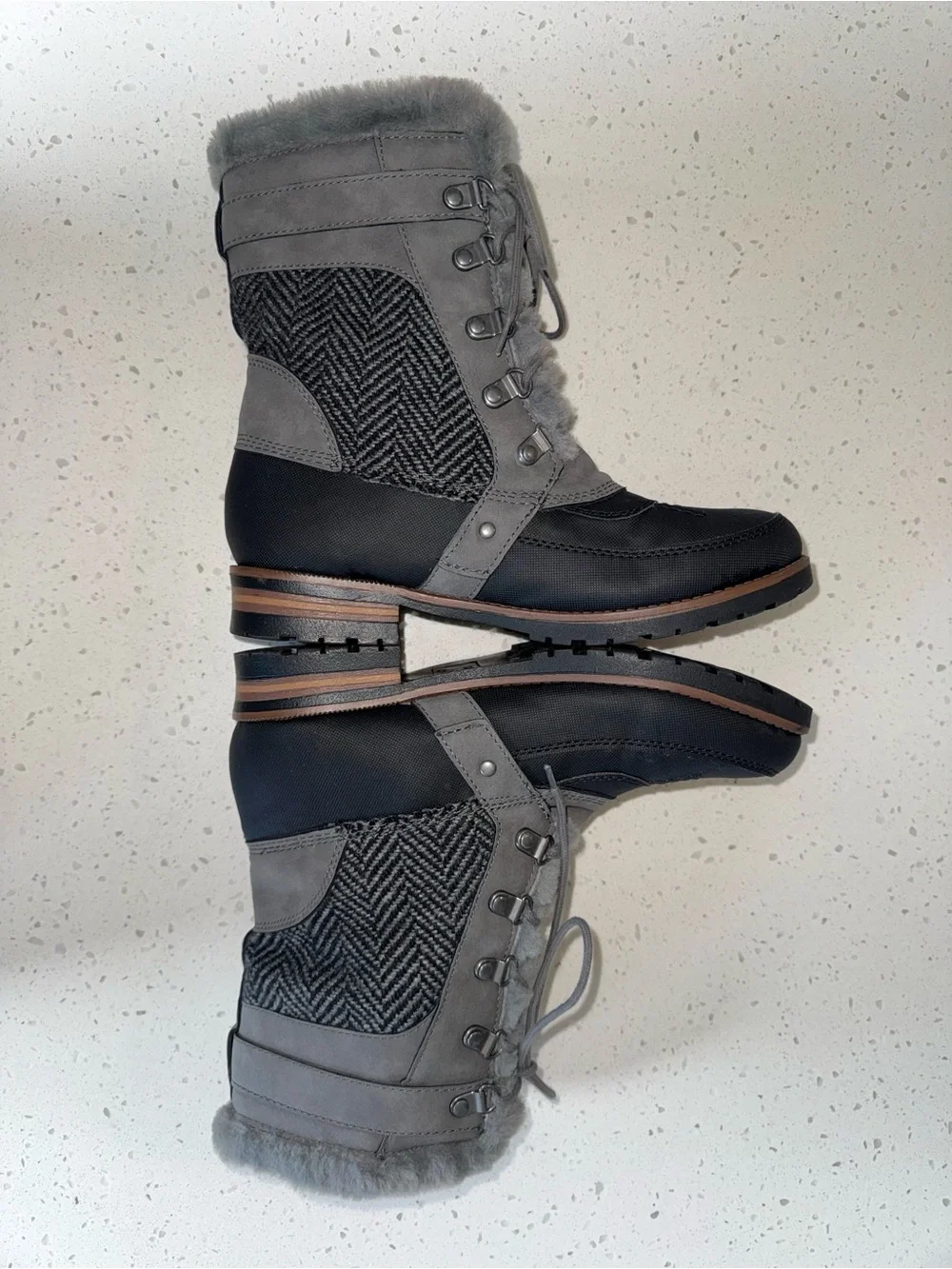 Rock & Candy Gray and Black Lace-Up Winter Boots with Faux Fur Trim